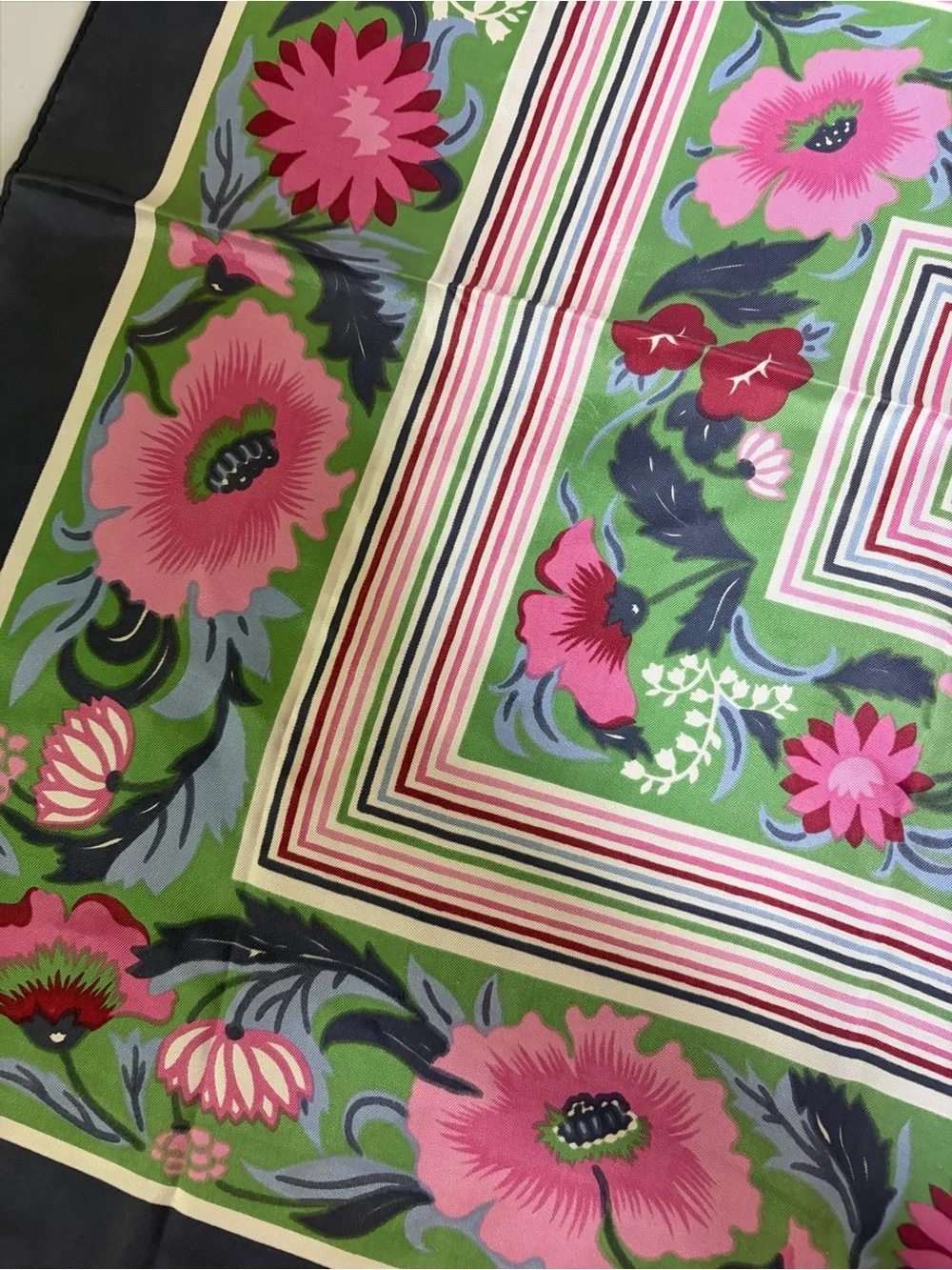 Floral Square Silk Scarf in Pink, Green & Navy